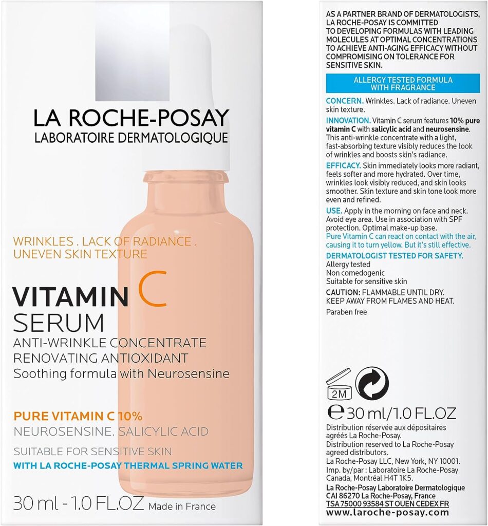 La Roche-Posay Pure Vitamin C Face Serum with Hyaluronic Acid  Salicylic Acid, Anti Aging Face Serum for Wrinkles  Uneven Skin Texture to Visibly Brighten  Smooth. Suitable for Sensitive Skin